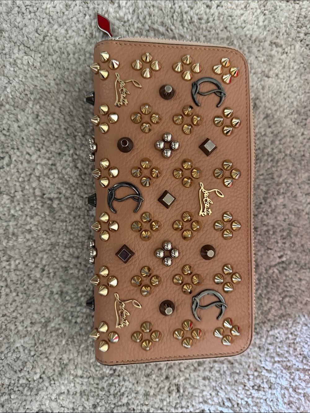Christian Louboutin Brown Leather Studded Zip Wallet with Mixed Metal Accents - Picture 4 of 6
